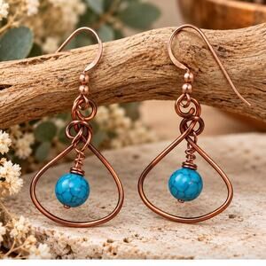 Copper Wire Teardrop Earrings Turquoise Blue Beads Artisan Boho Southwestern